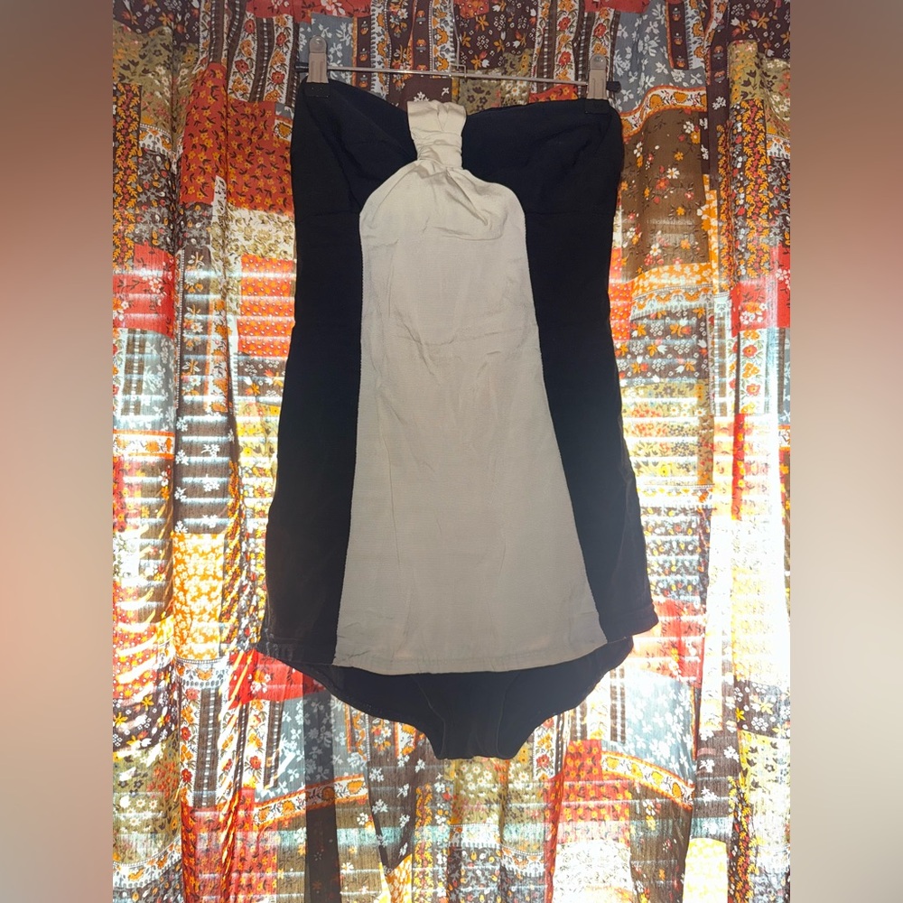 1950s vintage Sea Nymph Elegant bow Black and White swimsuit one shoulder